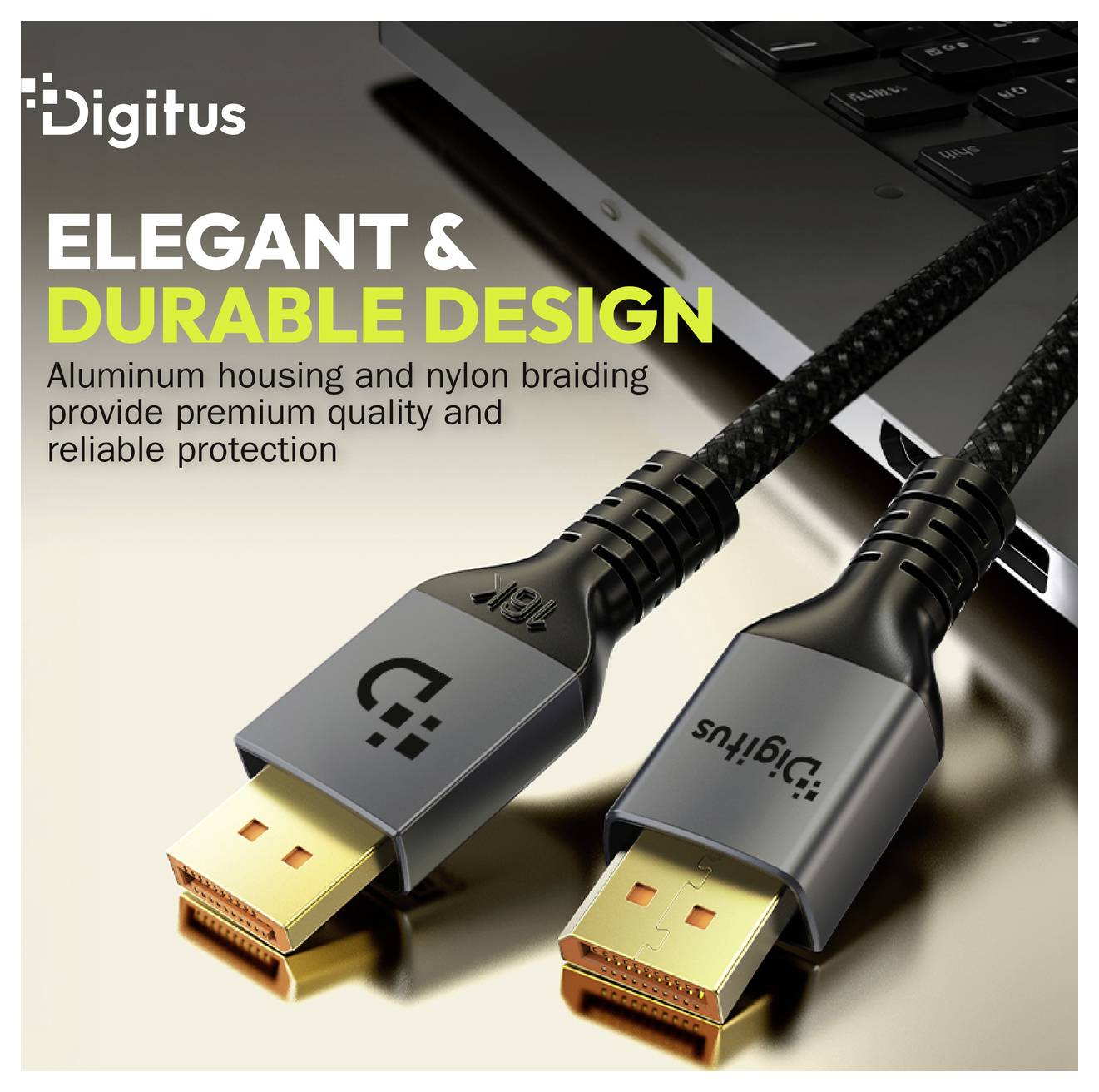 Immagine promozionale Digitus di due cavi HDMI intrecciati con connettori dorati, etichettati 'DESIGN ELEGANTE E RESISTENTE' e evidenziando l'alloggiamento in alluminio e l'intreccio in nylon per la protezione.