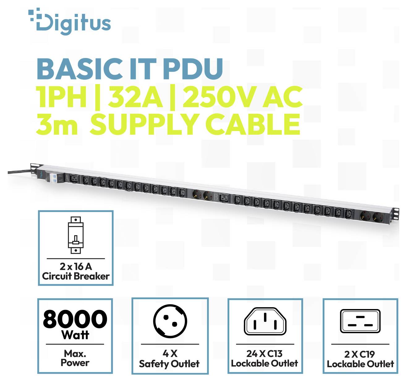 Striscia di alimentazione PDU Digitus Basic IT con 1 fase, 32A, 250V AC, cavo di alimentazione da 3m, 2x16A interruttore automatico, potenza massima 8000W e molteplici tipi di prese.