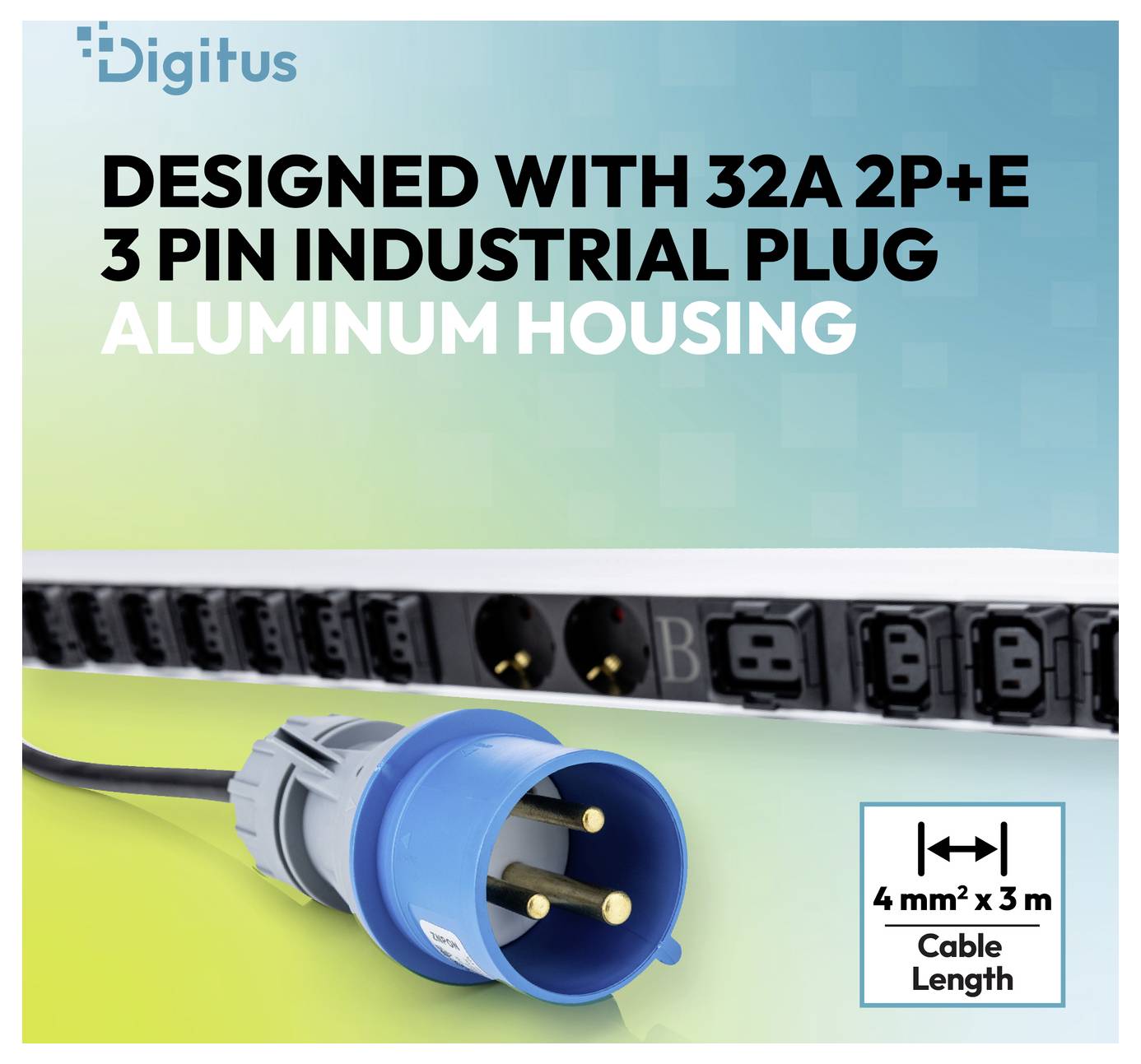 Striscia di alimentazione Digitus con spina industriale blu 32A 2P+E a 3 poli con alloggiamento in alluminio e cavo da 4 mm² di sezione e lunghezza di 3 m.