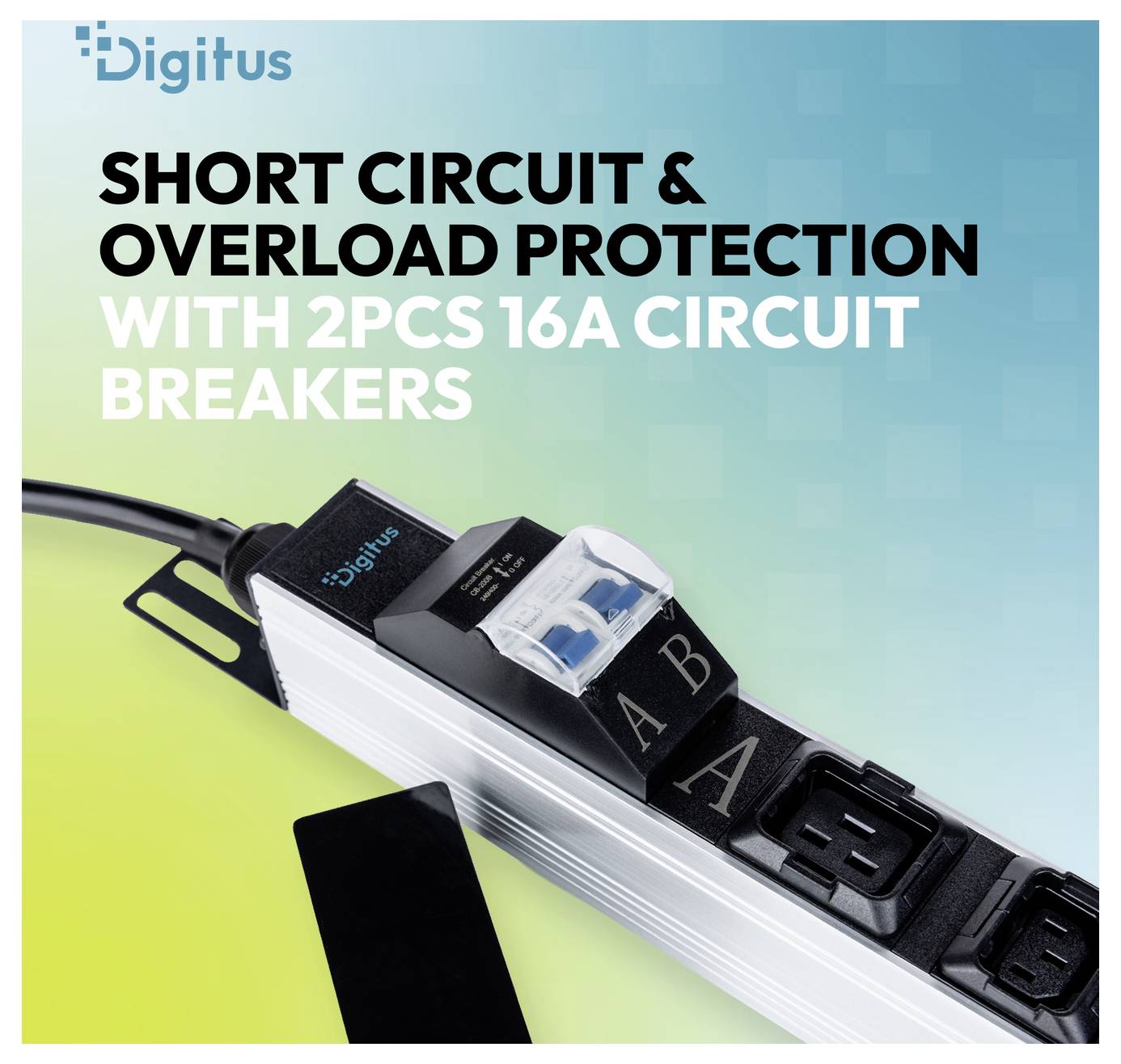 Ciabatta elettrica Digitus con protezione da cortocircuito e sovraccarico con 2 interruttori automatici da 16A, che mostrano la ciabatta e gli interruttori.