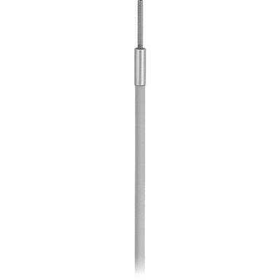 Un'asta filettata in argento verticale con un collare metallico cilindrico vicino alla parte inferiore centrale, mostrato su uno sfondo bianco semplice.