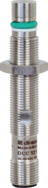 Primo piano di un sensore di prossimità metallico cilindrico con corpo filettato, dado esagonale e anello verde, etichettato DCC 12 e 10–30 VDC.