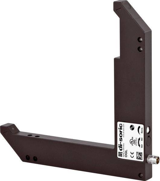 Supporto per sensore industriale marrone con due bracci metallici perpendicolari e un'unità di-soric etichettata collegata vicino alla base.