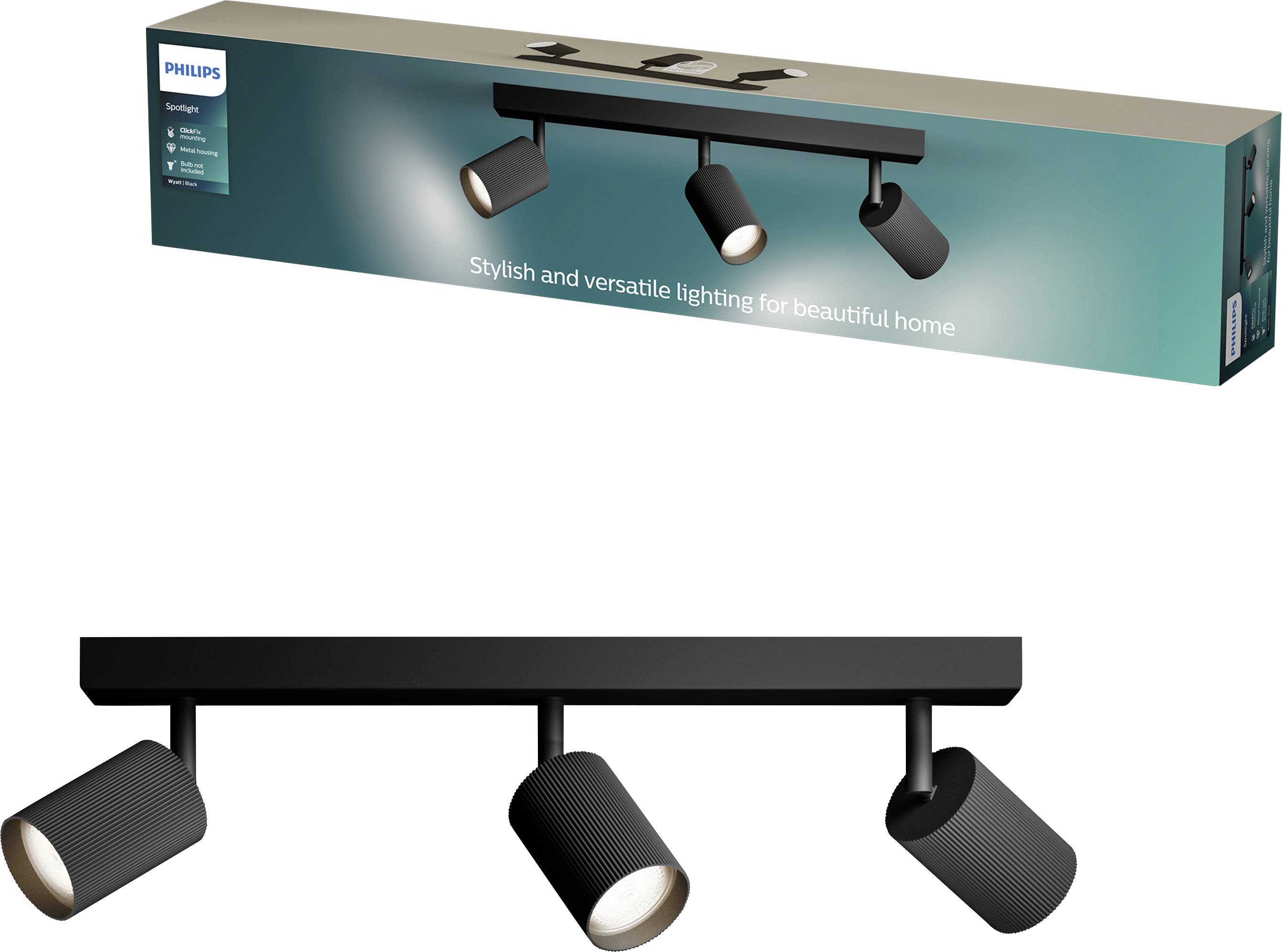 Apparecchio faretto a binario triplo nero Philips in confezione, etichettato "Illuminazione elegante e versatile per una bella casa".