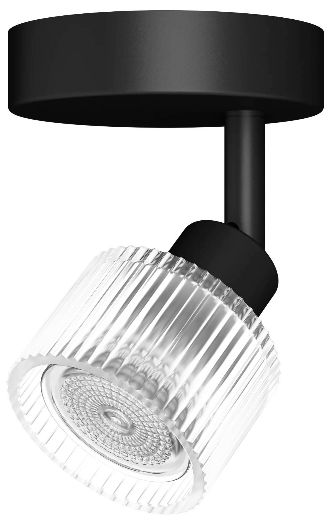 Faretto da soffitto di colore nero con paralume in vetro trasparente rigato regolabile inclinato verso il basso.
