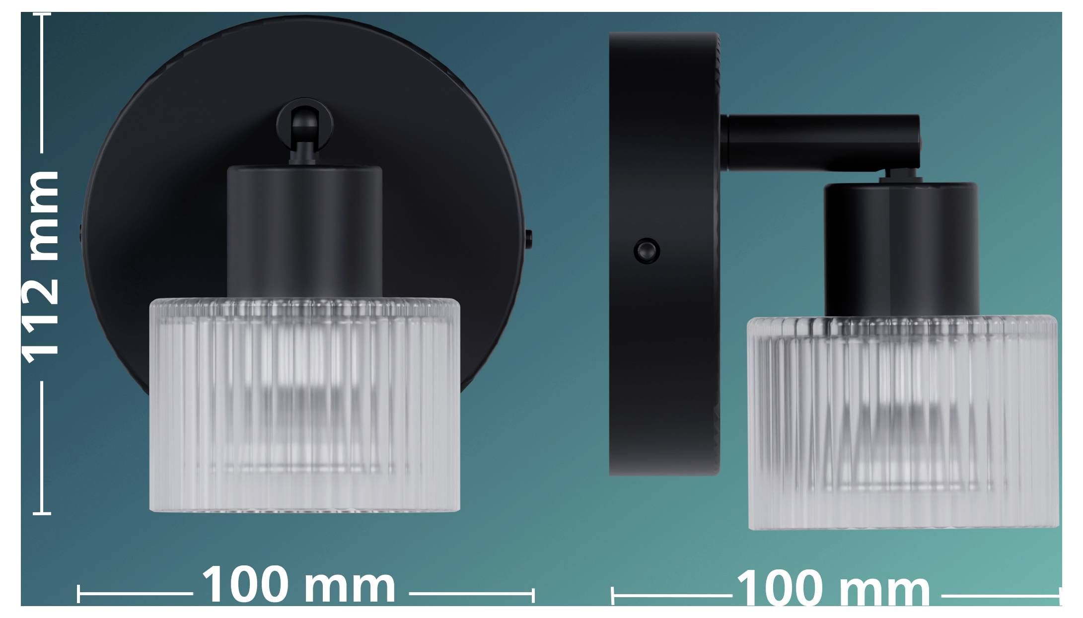 Applique da parete nera con paralume in vetro rigato mostrato in vista frontale e laterale, etichettato 112 mm di altezza e 100 mm di larghezza.