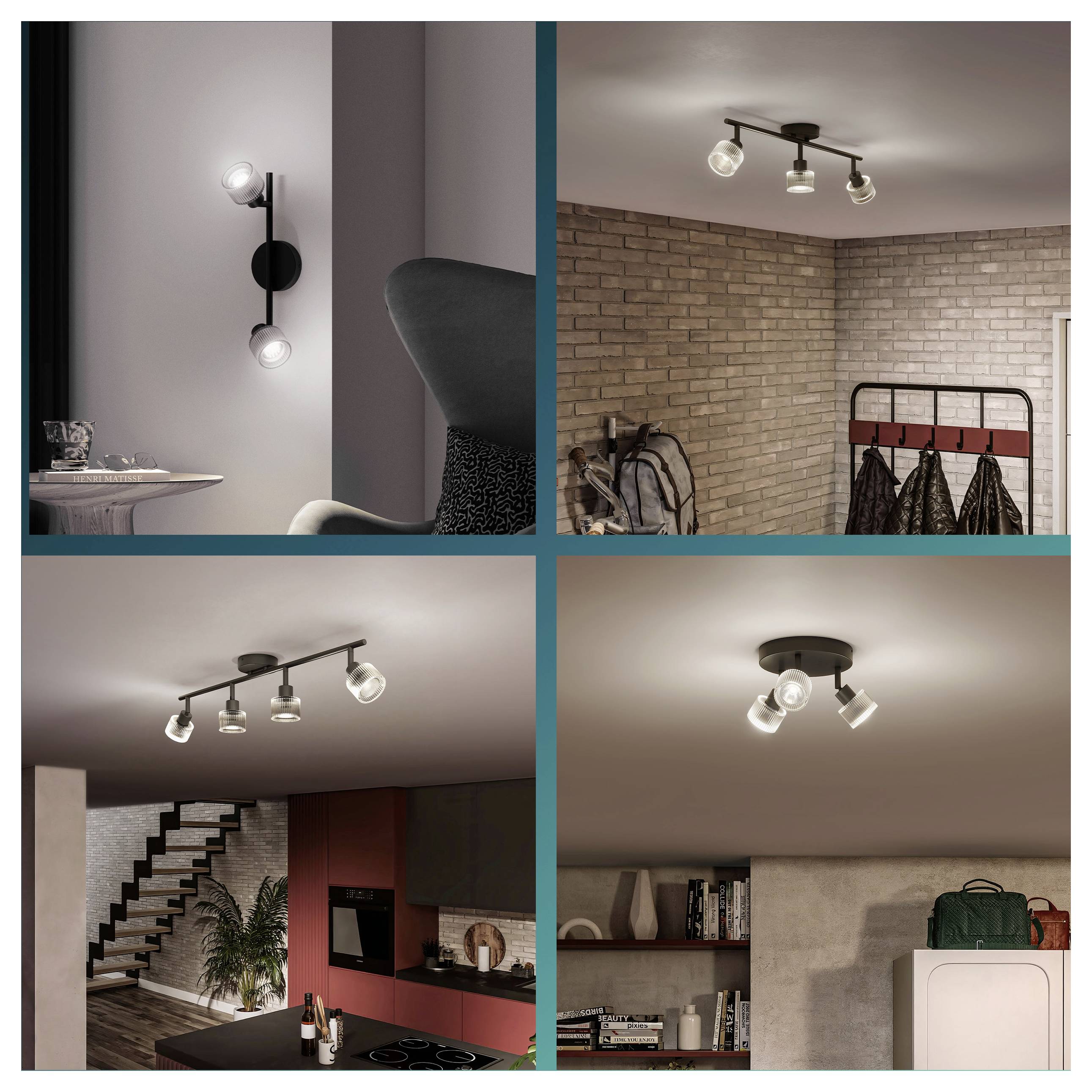 Collage di moderne lampade da soffitto e parete in stanze arredate, che mostrano faretti in metallo nero e illuminazione a binario in vari ambienti domestici.