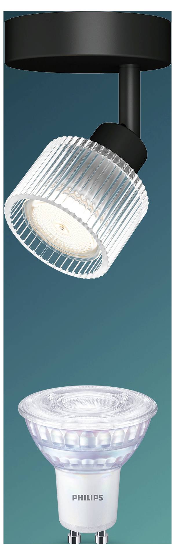 Faretto Philips mostrato in due stili: una lampada da soffitto nera regolabile e una lampadina trasparente di tipo GU10 sottostante su uno sfondo teal.