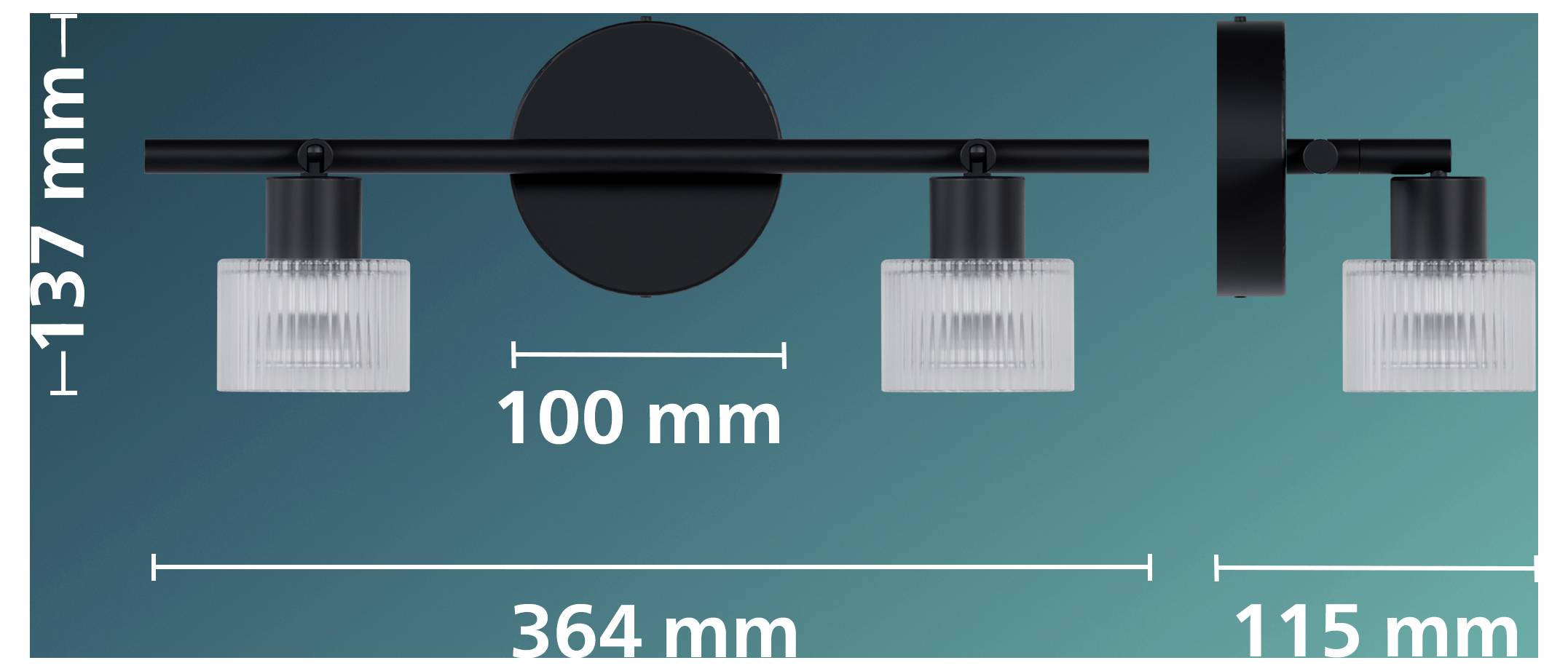 Diagramma di un'applique murale a tre luci con dimensioni etichettate: 364 mm di larghezza, 115 mm di profondità, 137 mm di altezza e 100 mm di distanza tra le luci.