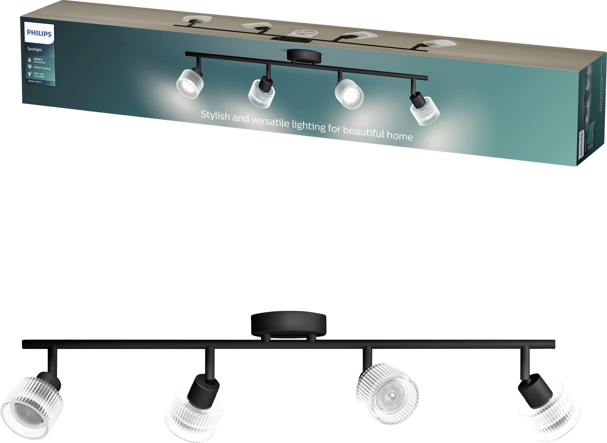 Plafoniera Philips a quattro faretti in nero, mostrata con confezione di vendita al dettaglio e claim pubblicitario "Illuminazione elegante e versatile per una casa bellissima".