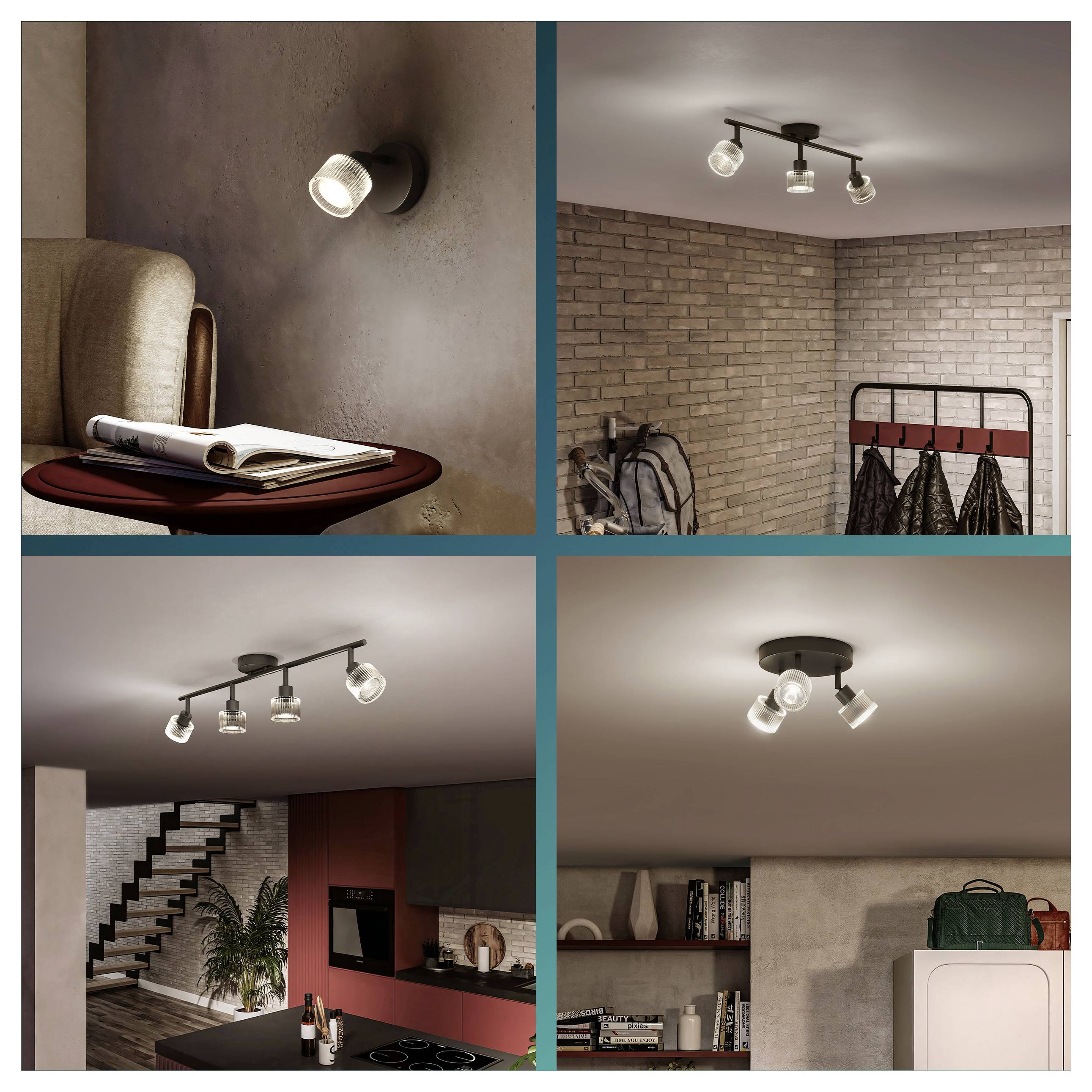 Collage di moderni faretti a soffitto e parete regolabili che illuminano una stanza, mostrando apparecchi a una e più luci in diversi ambienti interni.