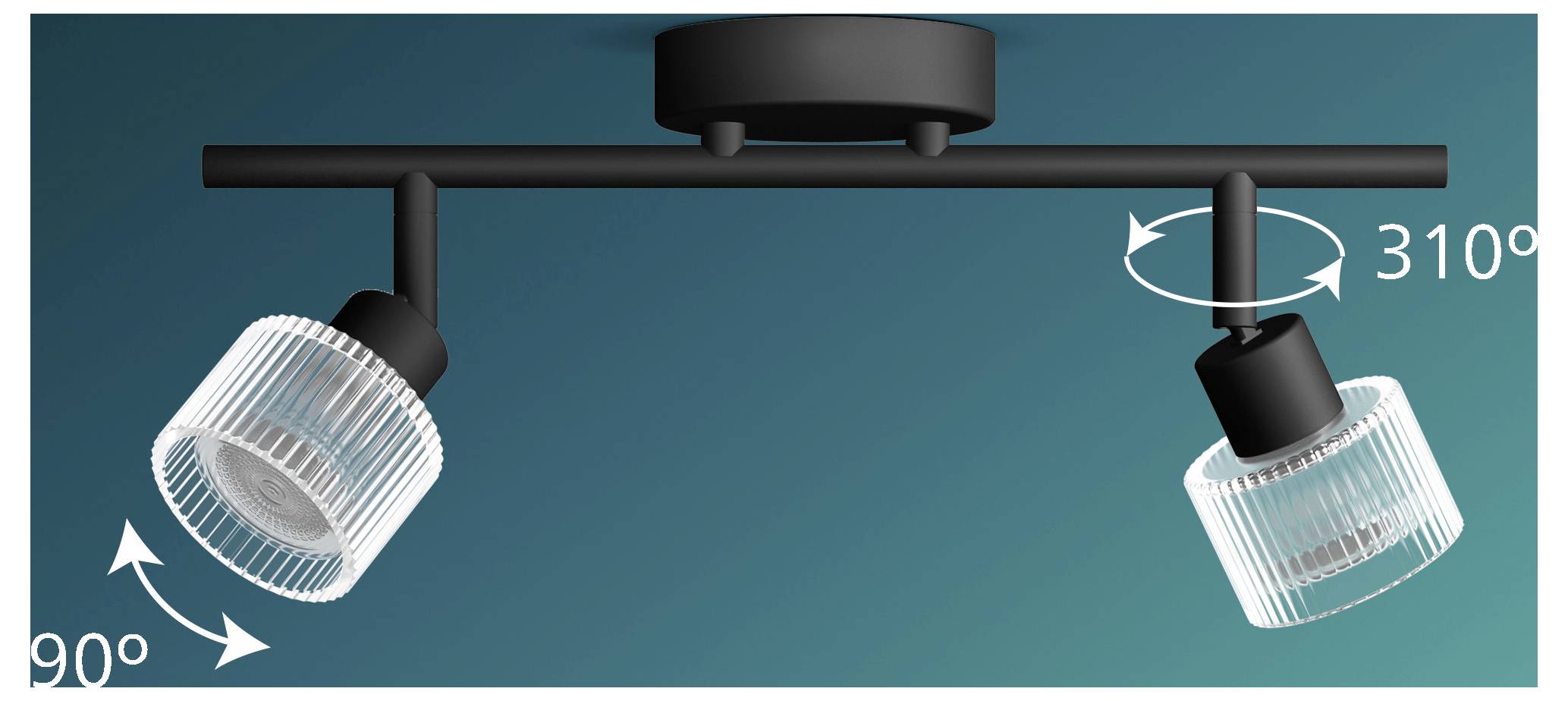 Illustrazione di due faretti orientabili su un binario a soffitto, che mostra gli angoli di rotazione di 90° e 310° con frecce curve.