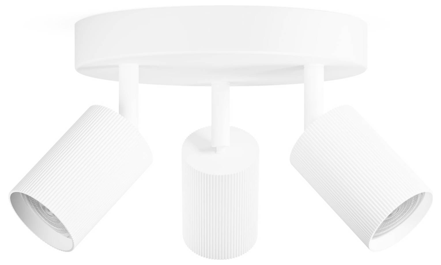 Faretto da soffitto bianco a tre luci con testine luminose cilindriche regolabili su una base rotonda.