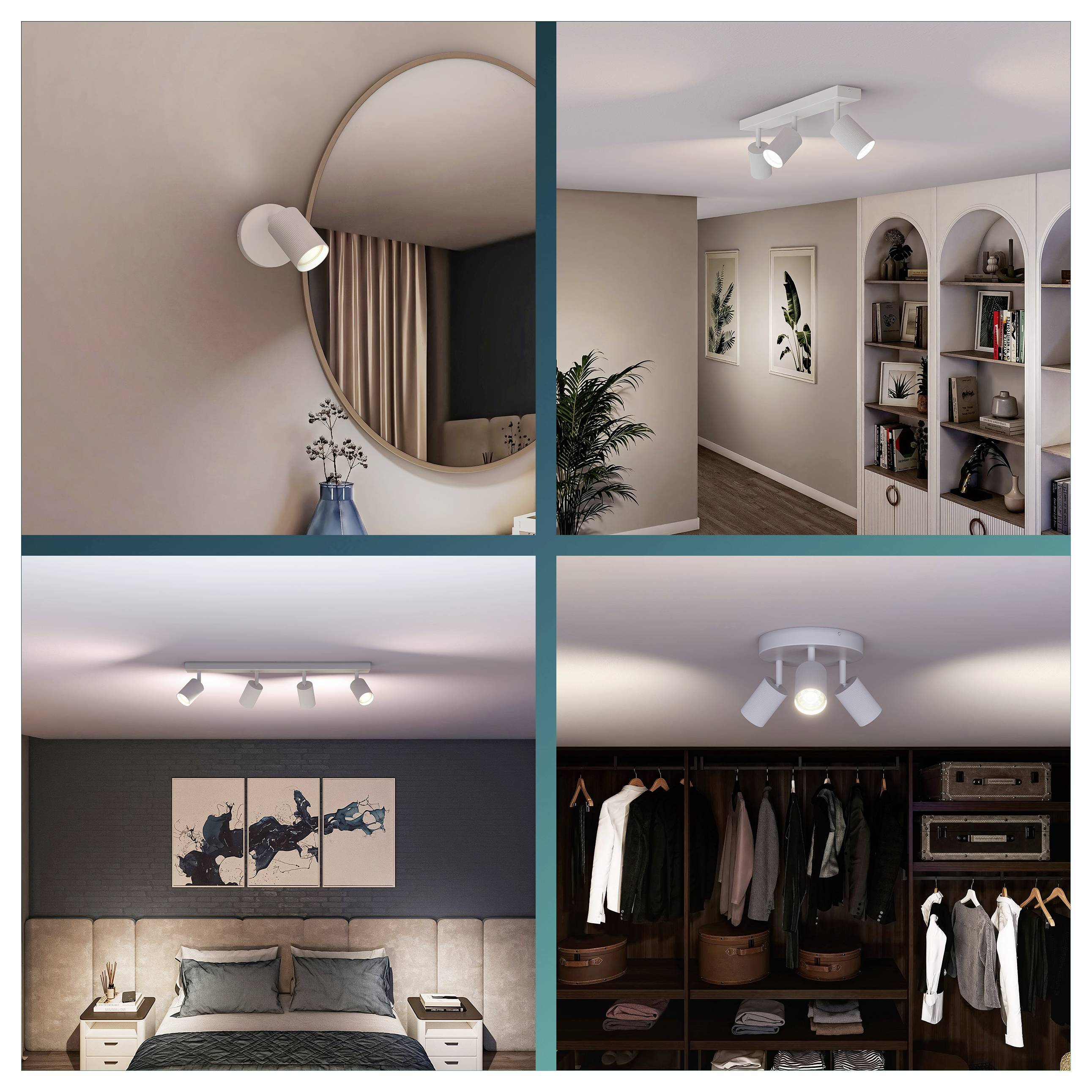 Quattro scene di illuminazione interna che mostrano faretti da soffitto e parete regolabili in una camera da letto, un corridoio e un ripostiglio, evidenziando l'illuminazione della stanza e l'arredamento.