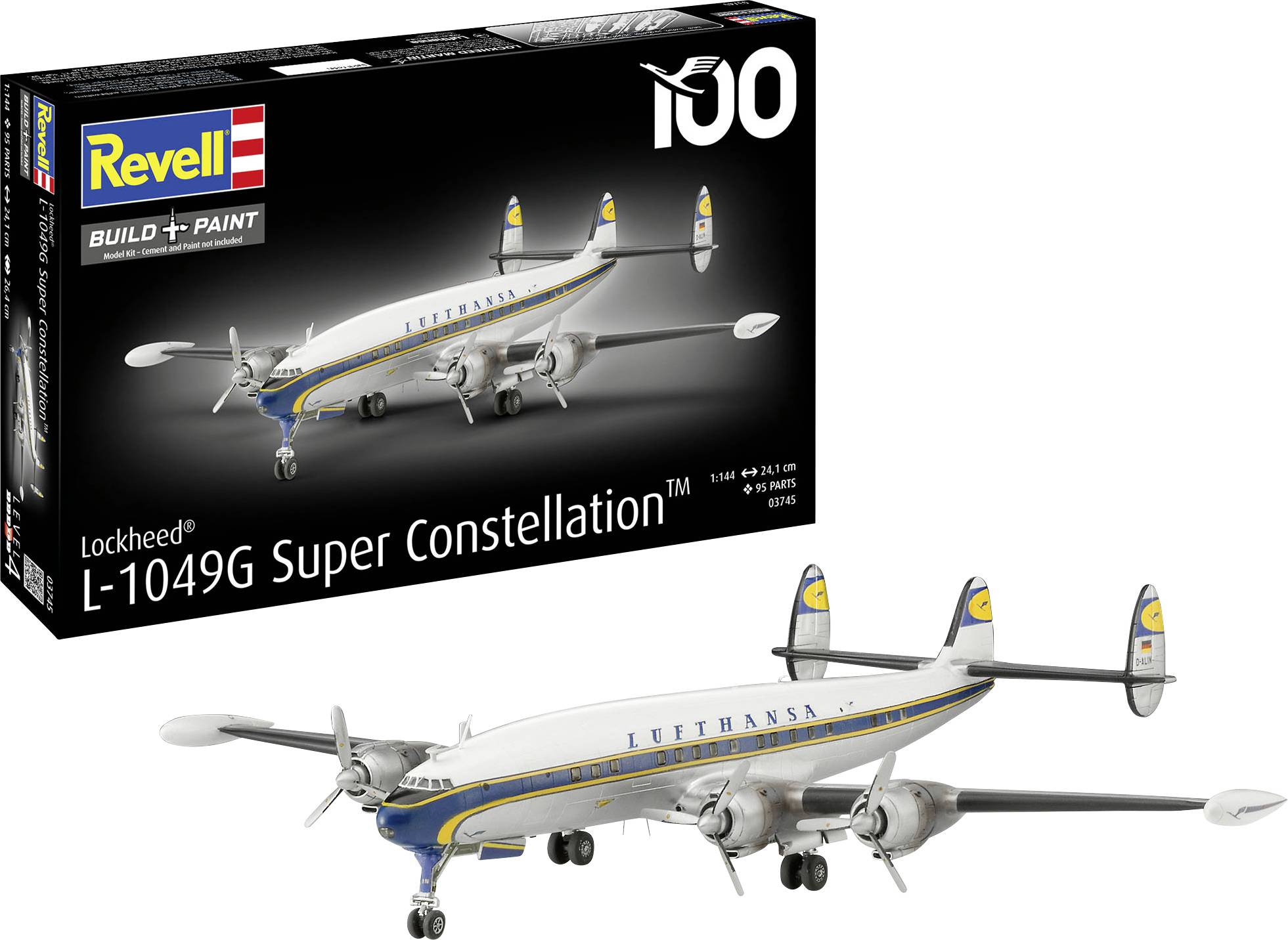 Set di modelli Revell con scatola e modello completato di un aereo di linea Lockheed L-1049G Super Constellation Lufthansa