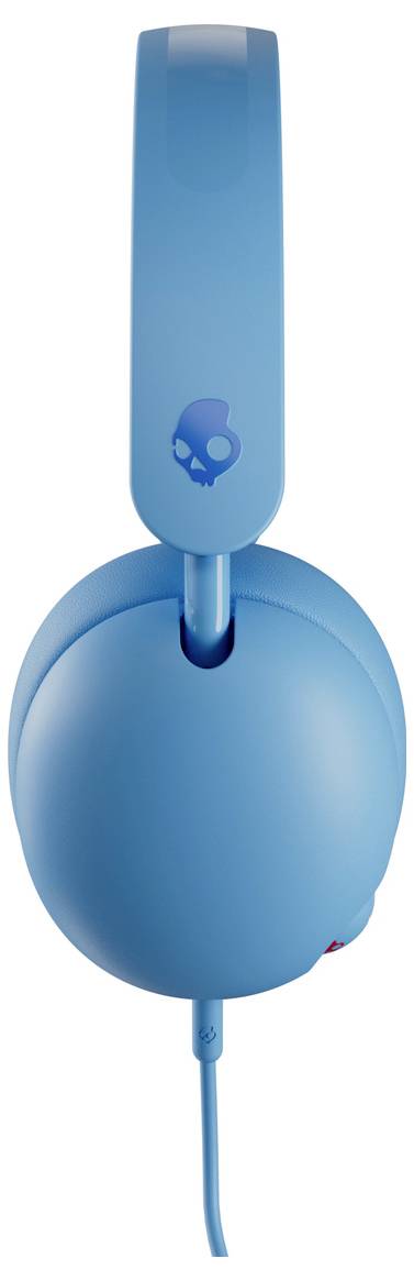 Cuffie blu over-ear con padiglione auricolare grande e circolare e un singolo cavo pendente su sfondo bianco.