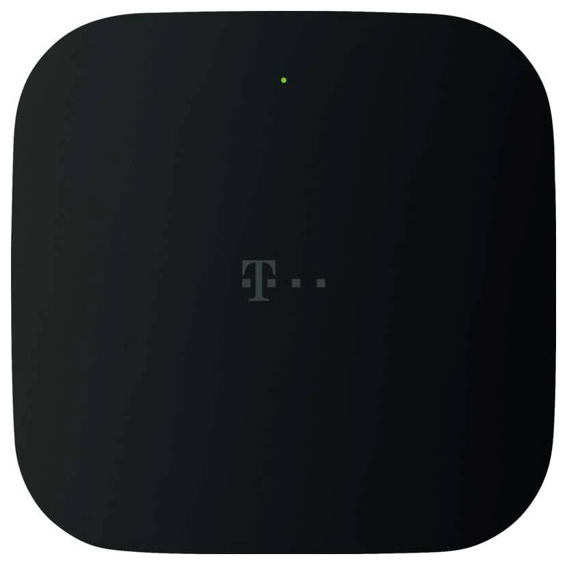 Dispositivo di forma quadrata arrotondata nero con una piccola spia di stato verde vicino alla parte superiore e un logo 'T' tenue al centro.