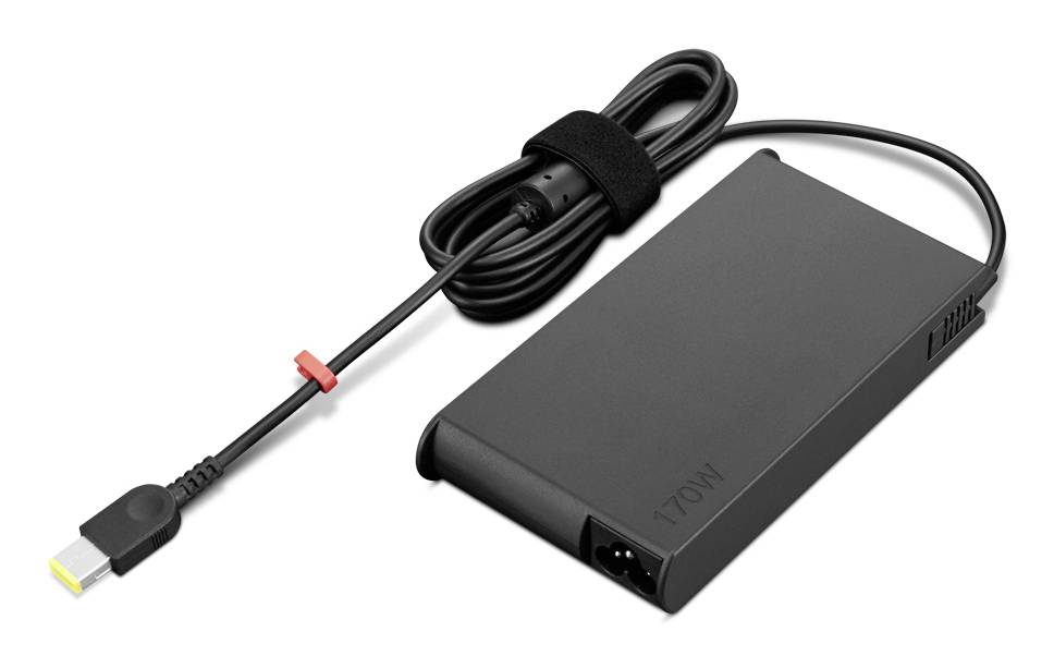 Adattatore di alimentazione per laptop nero con cavo collegato e connettore, etichettato 170W, mostrato su sfondo bianco.