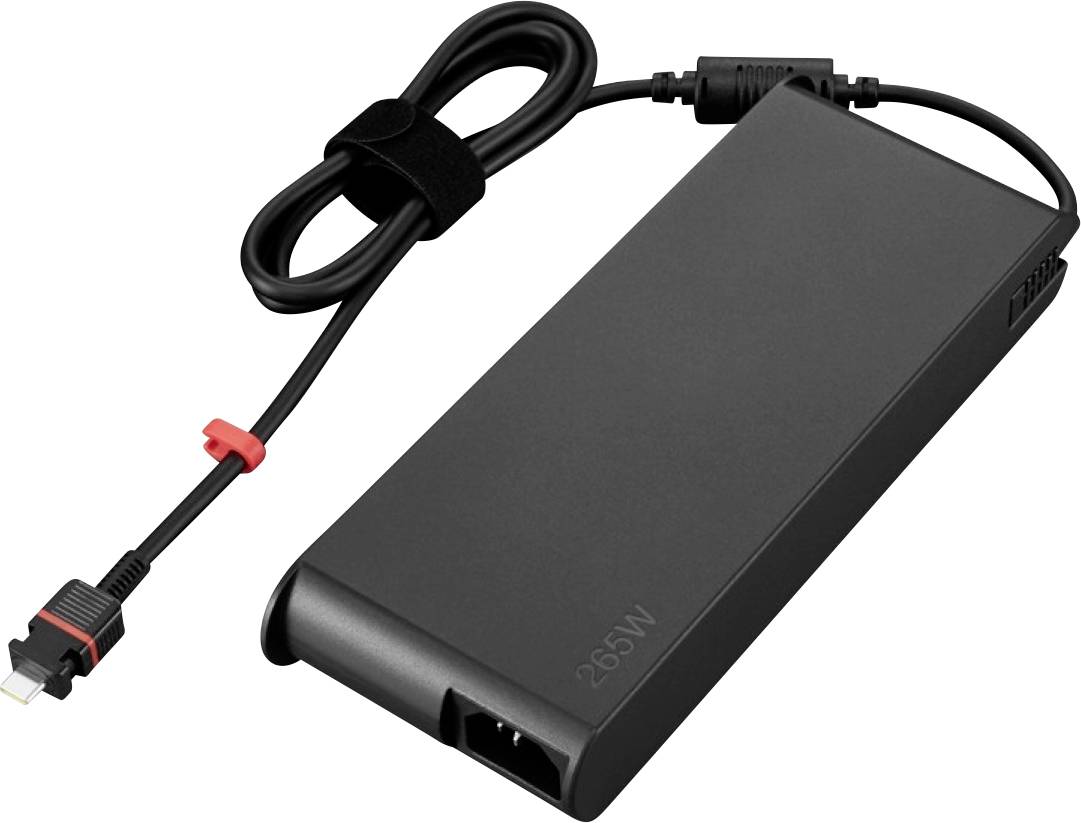 Adattatore per laptop da 65W nero con cavo di ricarica collegato e connettore spina su sfondo bianco