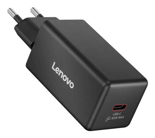 Caricabatterie da parete Lenovo con connettore USB-C e spina europea, etichettato "USB-C 65W MAX" sulla parte anteriore.