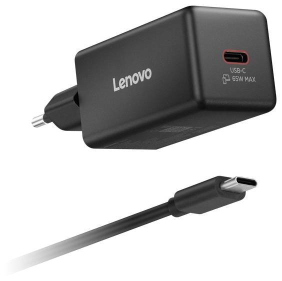 Caricatore da parete Lenovo USB-C con spina e cavo, etichettato "65W MAX"