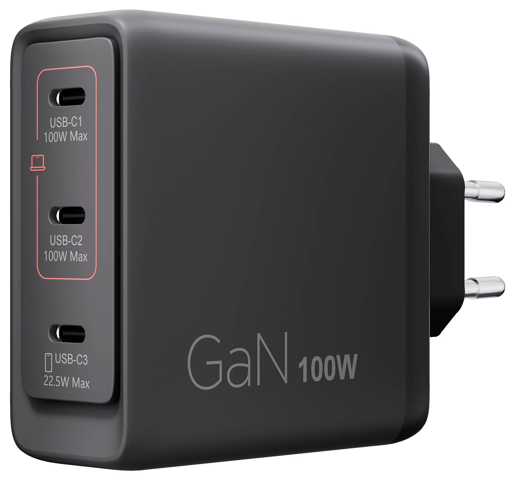 Caricabatterie da parete Black GaN 100W con tre porte USB-C etichettate USB-C1 e USB-C2 100W massimo, e USB-C3 22,5W massimo.