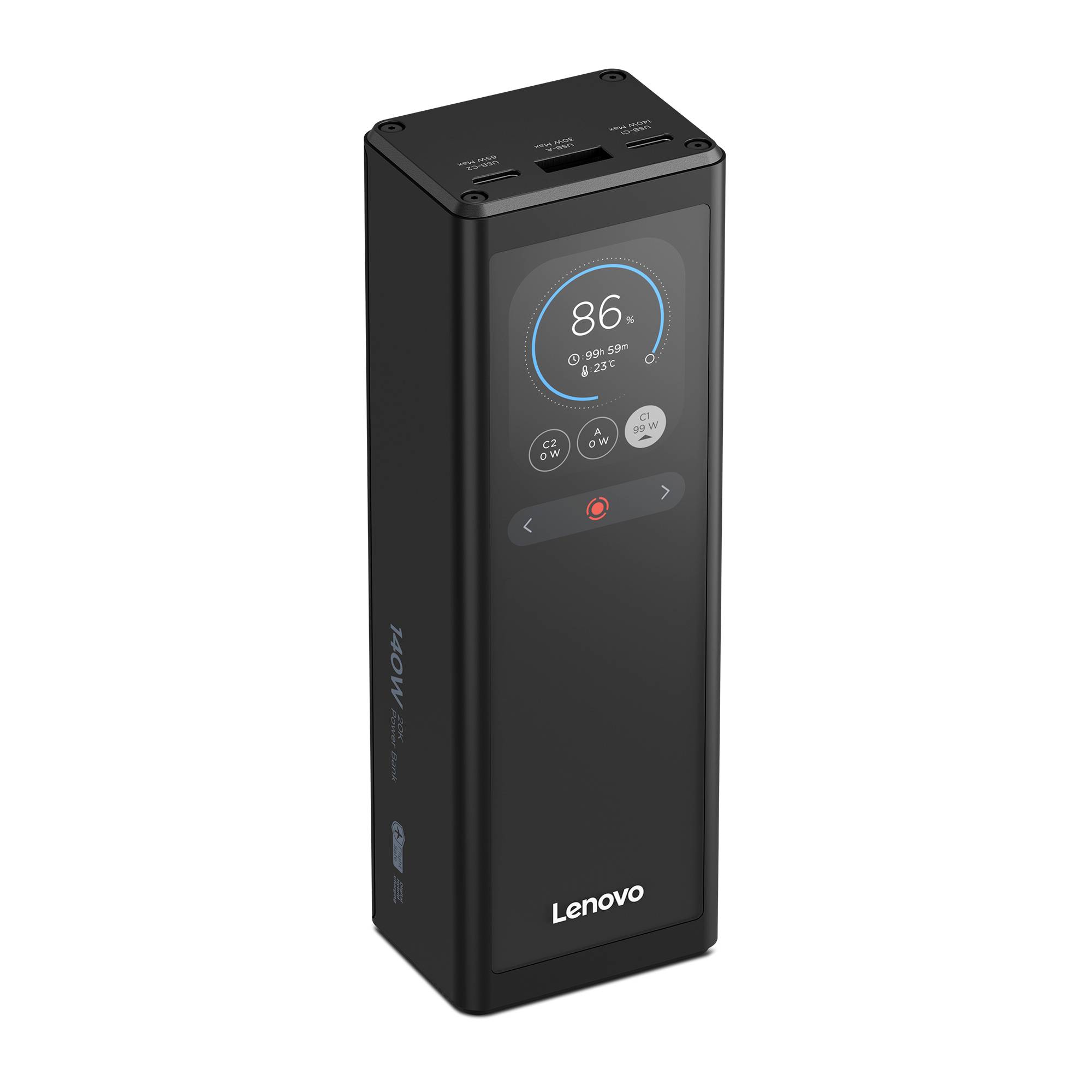 Dispositivo tower Lenovo nero con display frontale che mostra l'86%, probabilmente un UPS compatto o unità di alimentazione.