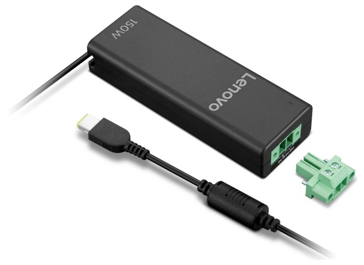 Adattatore di alimentazione USB-C Lenovo con cavo staccabile e punta del connettore verde, mostrato con un adattatore di spina corrispondente verde.