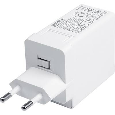 Caricabatterie USB da parete bianco con due spinotti rotondi europei e una porta USB, mostrato in primo piano su sfondo bianco.