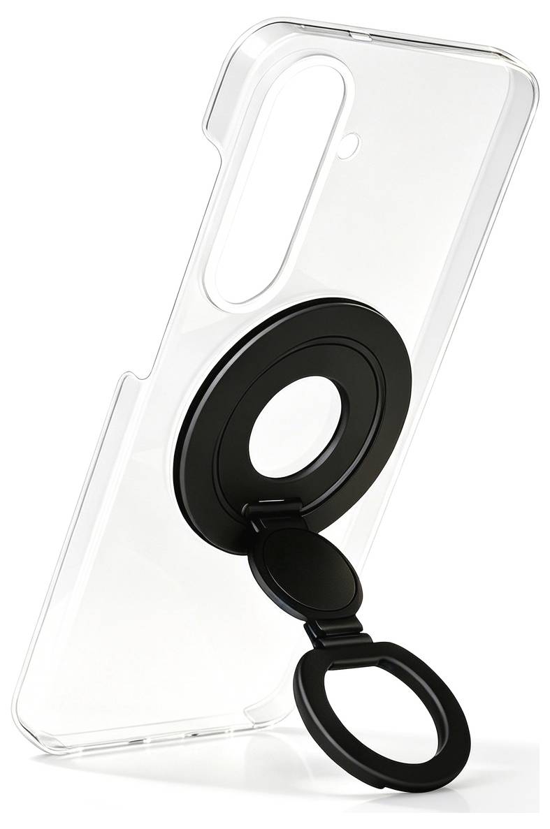 Custodia per telefono trasparente con supporto ad anello nero e asola per le dita collegati sul retro, mostrata su sfondo bianco.