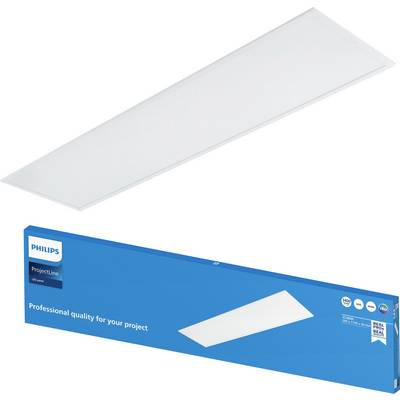 Pannello LED rettangolare ProjectLine Philips con sottile plafoniera da soffitto bianca e scatola prodotto blu etichettata "Qualità professionale per il tuo progetto".