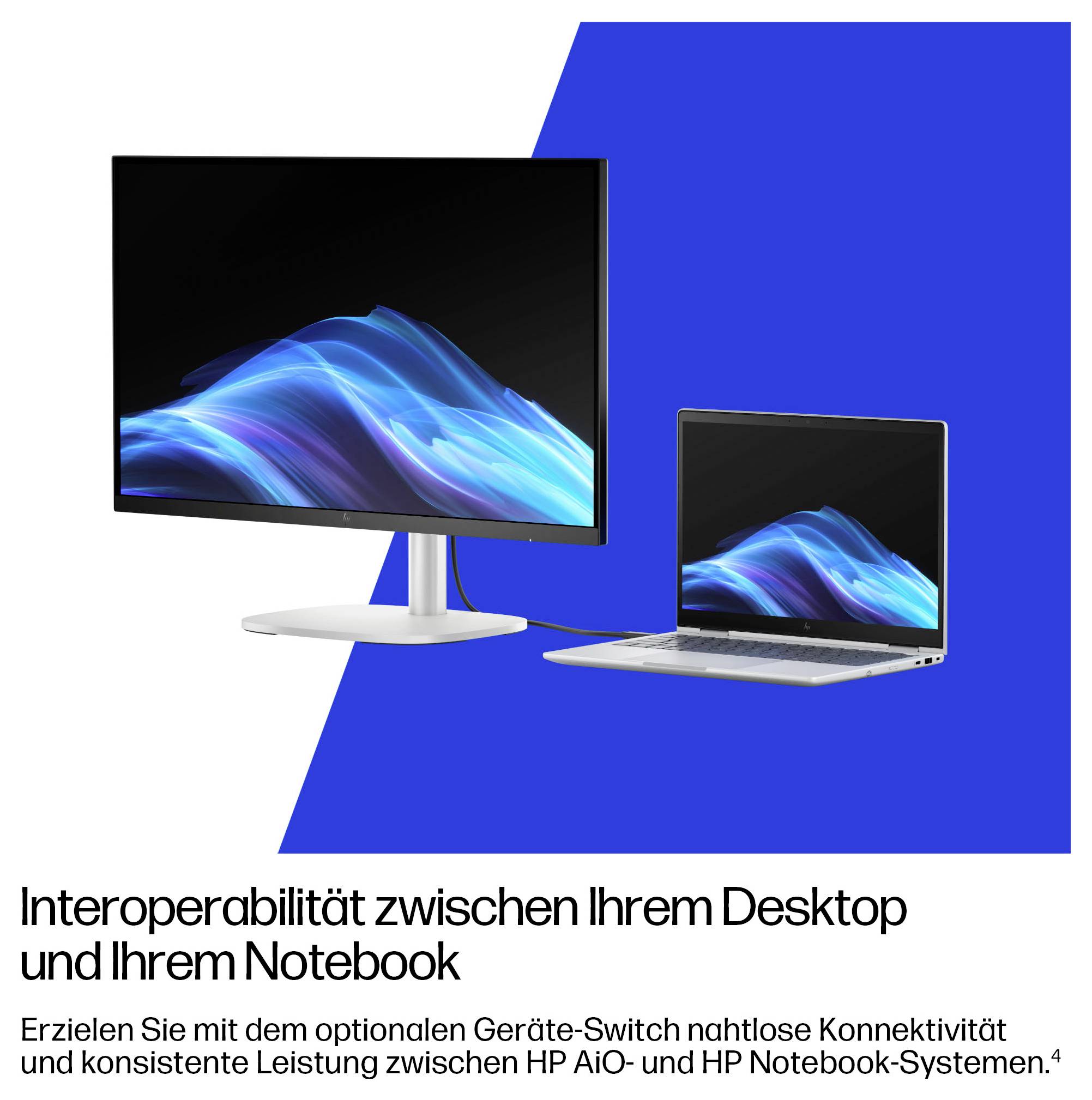 Monitor desktop e laptop collegati per il passaggio senza interruzioni tra dispositivi; il testo tedesco dice 'Interoperabilità tra il desktop e il notebook'.