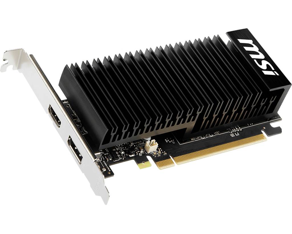 Scheda grafica MSI con dissipatore di calore nero e due porte display su sfondo bianco