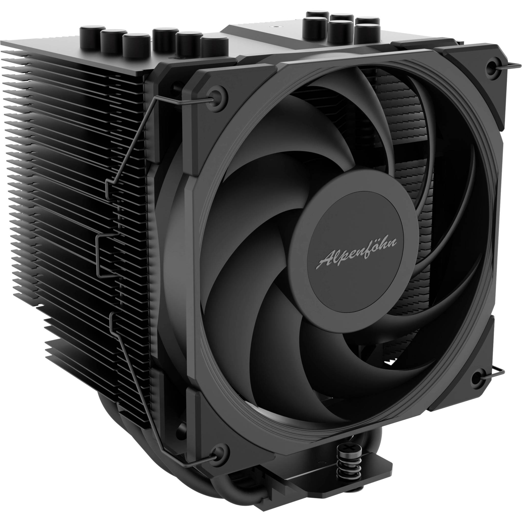 Dissipatore CPU Alpenföhn nero con grande ventola frontale e alette radianti dense, mostrato su sfondo bianco.