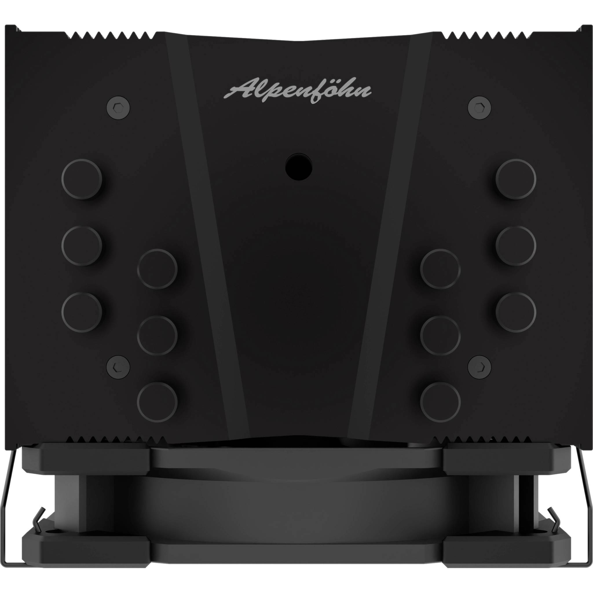 Dissipatore di calore/refrigeratore CPU per computer Alpenföhn nero con doppio supporto ventole e hardware di montaggio, mostrato vista frontale.