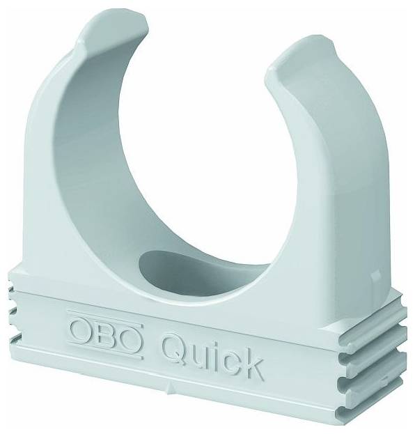 Clip in plastica blu chiaro etichettato 'OBO Quick' con un supporto a forma di U per fissare un tubo o un cavo.