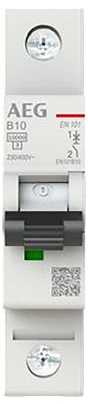 Interruttore automatico AEG B10 con interruttore a leva, indicatore verde e codice QR sul frontale.