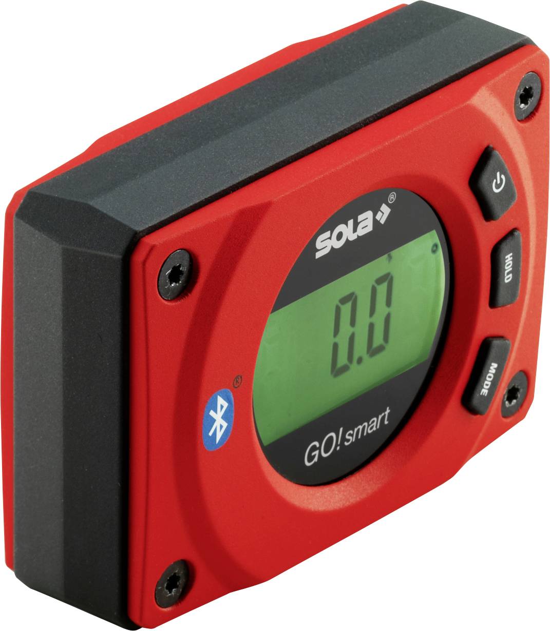 Sola GO!smart calibro digitale angolare rosso con display LCD verde che legge 0.0, pulsanti di alimentazione e modalità, e icona Bluetooth