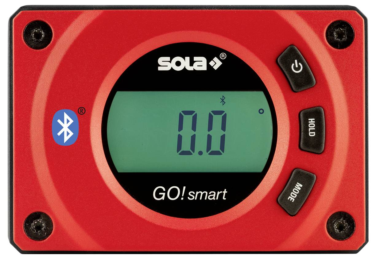 Livella digitale intelligente SOLA Go! rossa che mostra 0.0 su un display verde, con icona Bluetooth e pulsanti di alimentazione, blocco e modalità.