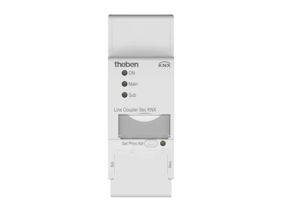 Dispositivo accoppiatore di linea KNX Theben bianco con spie luminose etichettate ON, Main e Sub, più un pulsante "Set Phys Adr".