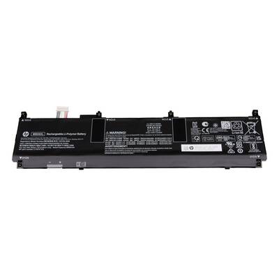 Batteria ricaricabile al litio-polimero HP nera per laptop con connettore e etichette di avvertenza su sfondo bianco