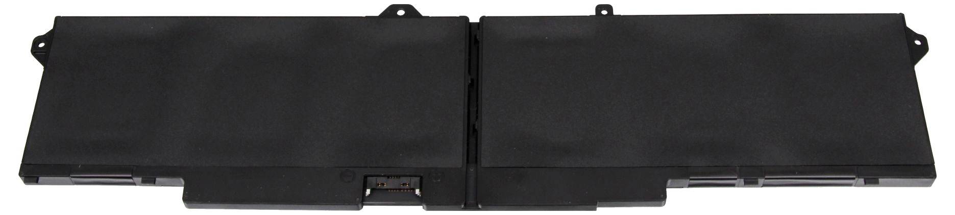 Pacco batteria rettangolare nero con quattro linguette di montaggio e una porta di connettore centrale.
