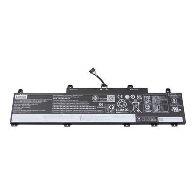 Batteria per laptop Lenovo con cavo collegato ed etichette di sicurezza stampate, mostrata isolata su sfondo bianco.