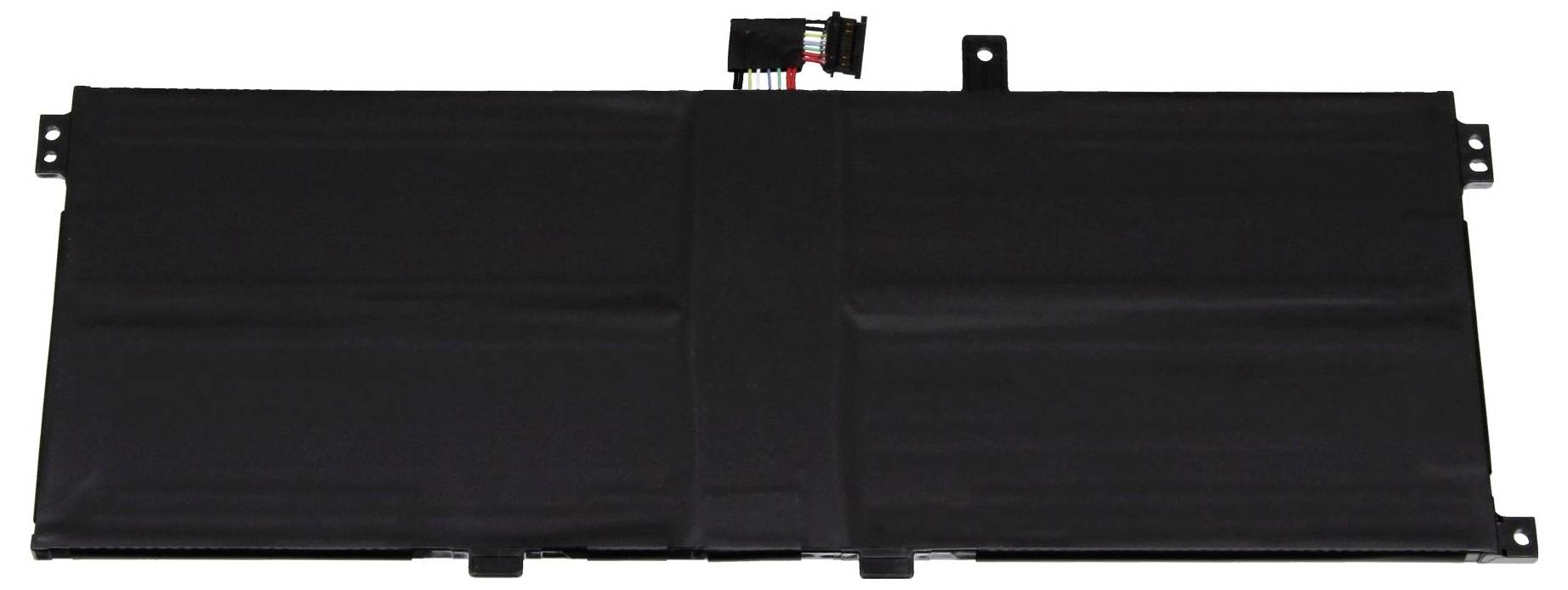 Pacco batteria per laptop nero con linguette di montaggio e connettore su sfondo bianco.