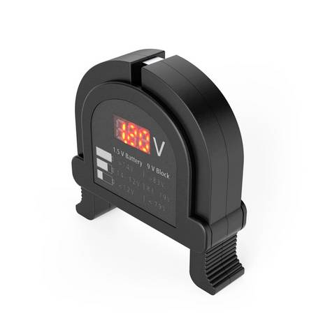 Tester per batterie nero con display digitale di tensione per batterie da 1,5V e 9V.