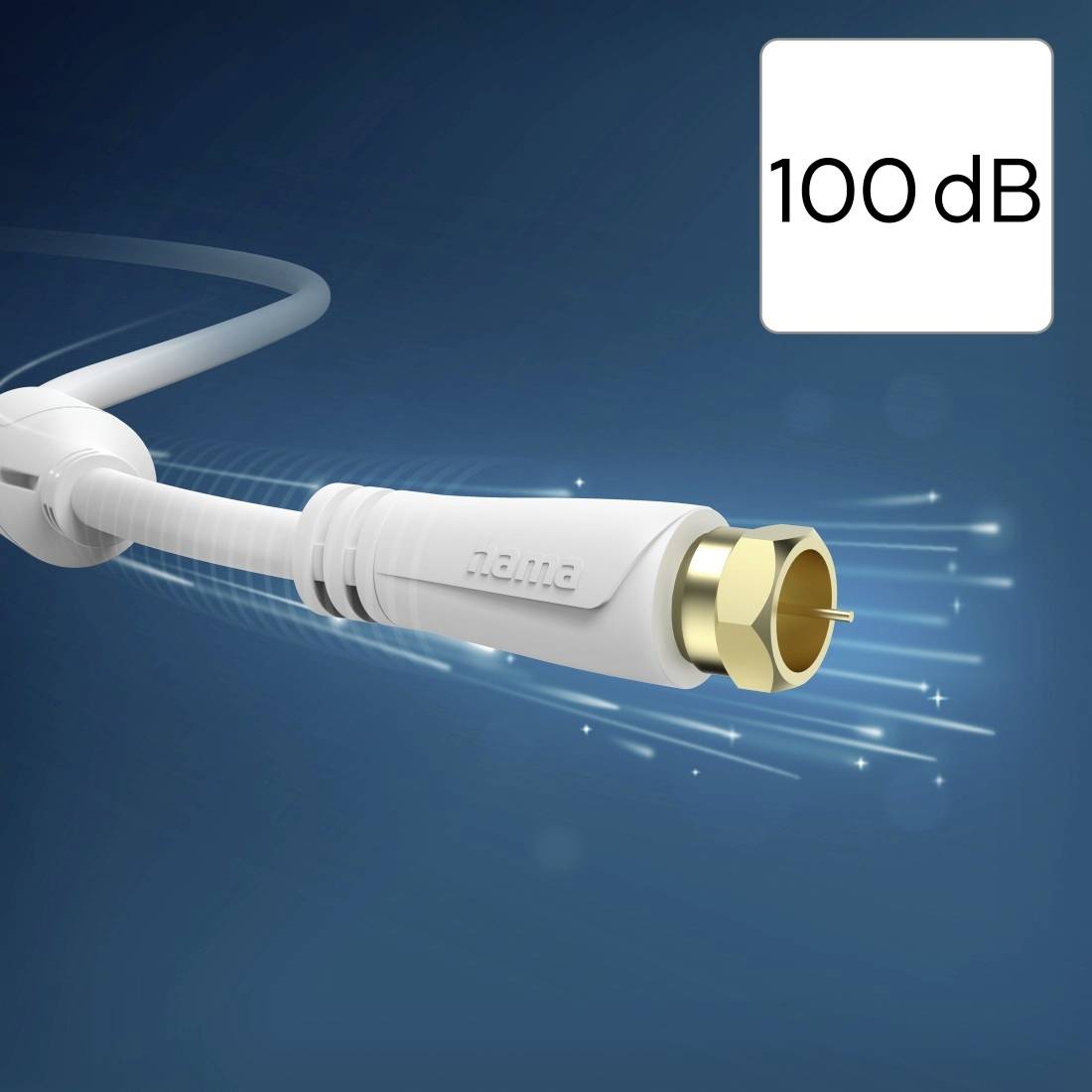 Connettore di cavo audio bianco che emette onde sonore, etichettato "100 dB" in alto a destra.