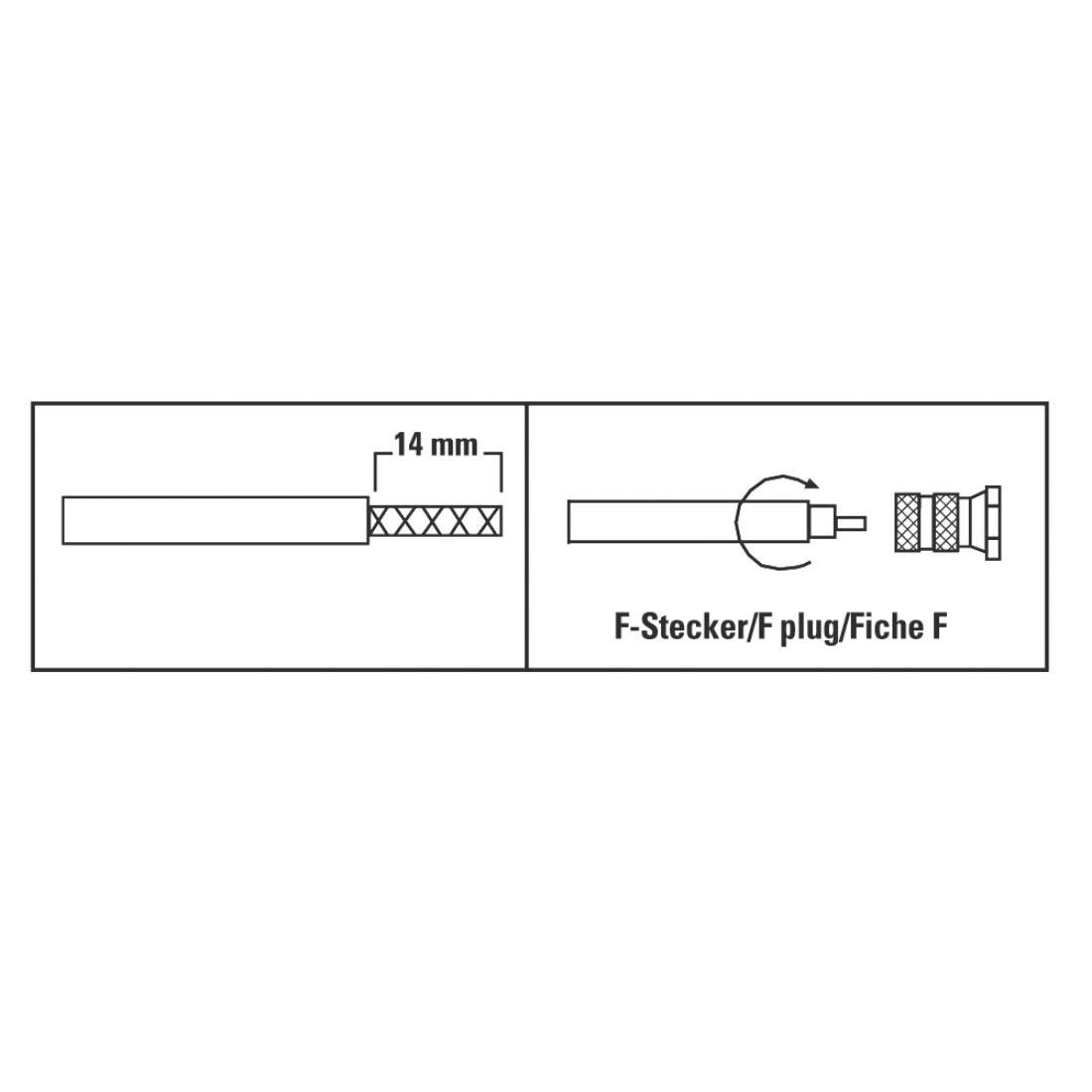 Diagramma che mostra la preparazione del cavo per una presa F: rimuovere 14 mm di isolamento esterno e collegare il connettore F.
