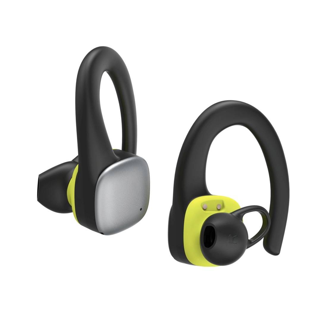 Coppia di auricolari sportivi wireless sovrauricolari con ganci auricolari neri e moduli auricolari argento/gialli su sfondo bianco.