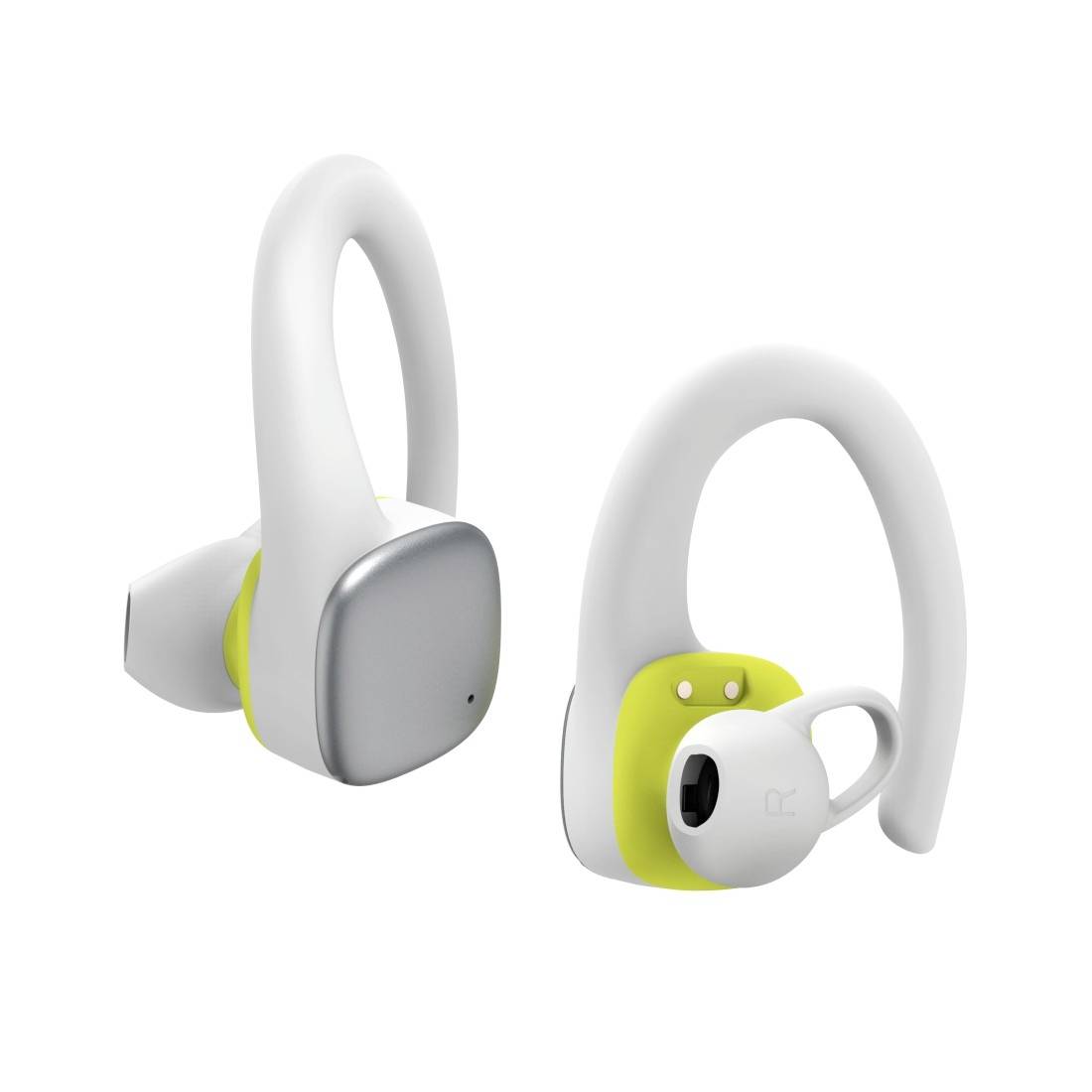 Paio di auricolari wireless con gancio auricolare bianco con accenti grigio e lime, mostrati da due angolazioni su sfondo bianco.
