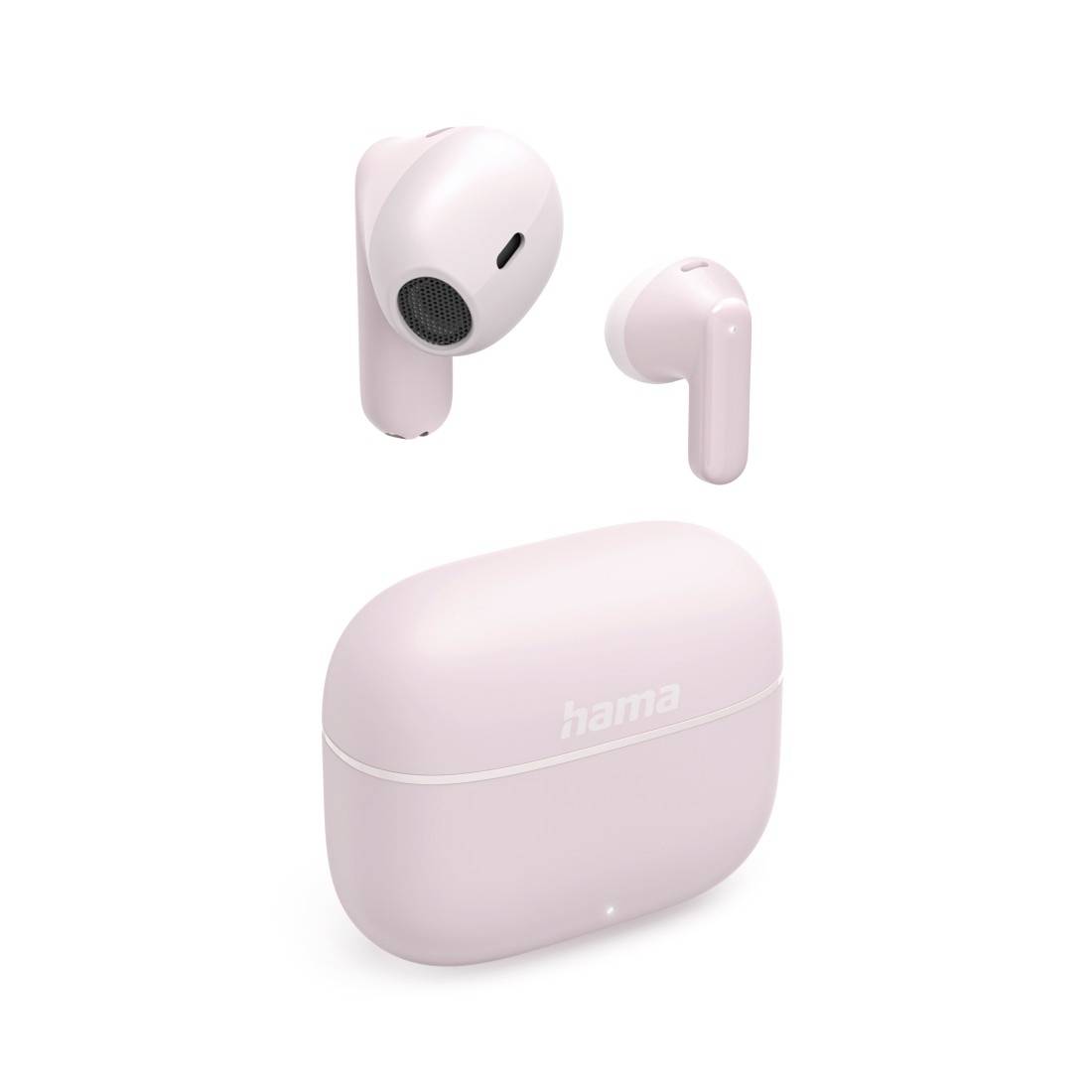 Auricolari wireless rosa con custodia di ricarica, mostrati aperti con un auricolare e il logo 'hama' sulla custodia.